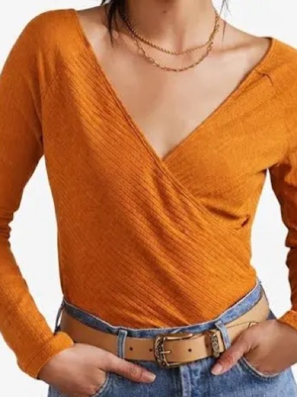 Maeve by Anthropologie Long Sleeve Ribbed VNeck Faux Wrap Top